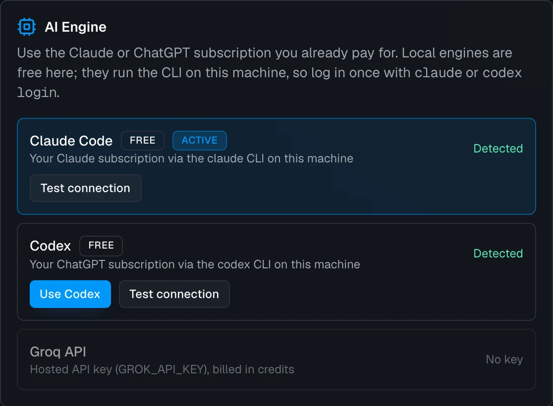 Settings, AI Engine card: Claude Code marked Free, Active and Detected; Codex marked Free and Detected; Groq API with no key.