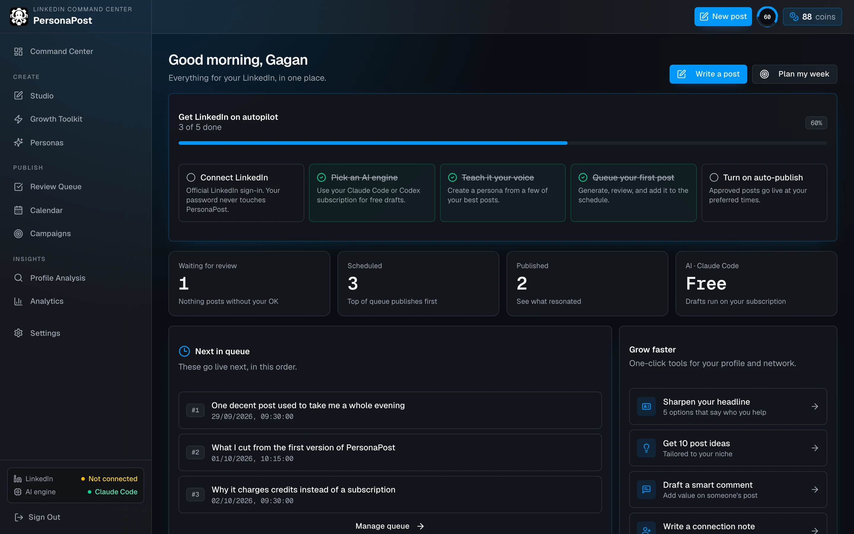 PersonaPost Command Center: a setup checklist three of five steps done, counts of posts waiting for review, scheduled and published, the next three queued posts with dates, and shortcuts to the headline, post idea, comment and connection note tools.