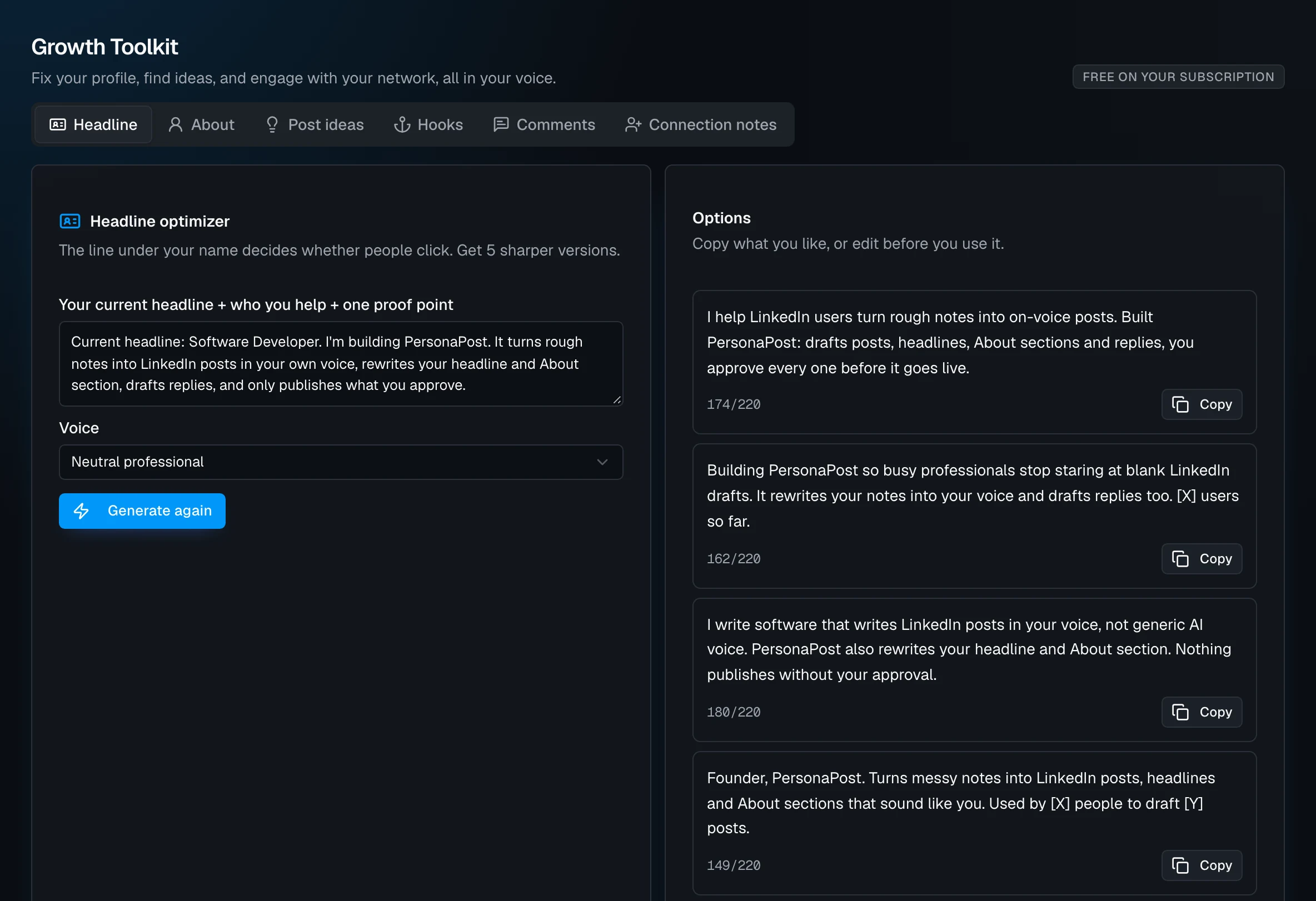 Growth Toolkit, Headline tab: the current headline pasted in, and four rewritten options each with a character count under 220 and a Copy button. Two options contain bracketed gaps such as [X] users so far.